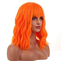 Beron 14 Inches Orange Wig With Bangs Short Bob Curly Wigs Ginger Orange Wigs For Women Girls