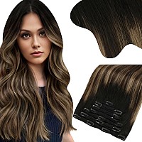 Moresoo Clip In Hair Extensions Real Human Hair Balayage Double Weft Clip In Extensions Human Hair Ombre Black To Brown Mixed Wi