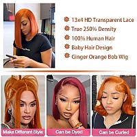 250 Density Ginger Bob Wig Human Hair 14 Inch Straight 13X4 Ginger Orange Lace Front Wigs Human Hair Pre Plucked With Baby Hair