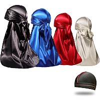 4Pcs Silky Durags For Men Women 360 Waves With 1 Wave Cap Silky Satin Durag Extra Long Tails