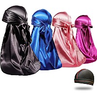 4Pcs Silky Durags For Men Women 360 Waves With 1 Wave Cap Silky Satin Durag Extra Long Tails