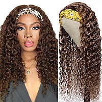 Xsy Chocolate Brown Headband Wig Human Hair Deep Wave Wigs Glueless Headband Wig Deep Curly None Lace Front Wigs Human Hair Wigs