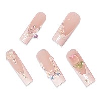 Babalal Long Square Press On Nails White Fake Nails French Tip Glue On Nails 3D Rose Flower Bow Charm Design Jeweled Acrylic Nai