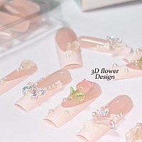 Babalal Long Square Press On Nails White Fake Nails French Tip Glue On Nails 3D Rose Flower Bow Charm Design Jeweled Acrylic Nai