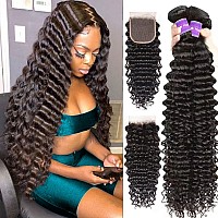 Deep Wave Bundles With Closure 22 24 2620 12A 100 Unprocessed Brazilian Virgin Human Hair Free Part Curly Weave 3 Bundles Wi