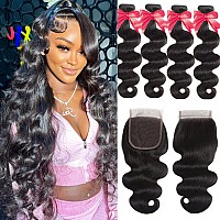 Beafay Brazilian Human Hair Body Wave 3 Bundles With 4X4 Lace Closure 18 20 22 2416Free Part 100 Unprocessed Virgin Human H