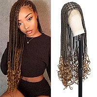 Kalyss Full Double Lace Front Knotless Braided Wigs For Women Box Braided Wig With Curly Ends Human Hair Blended Long Light Brow