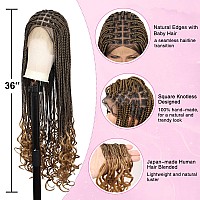 Kalyss Full Double Lace Front Knotless Braided Wigs For Women Box Braided Wig With Curly Ends Human Hair Blended Long Light Brow