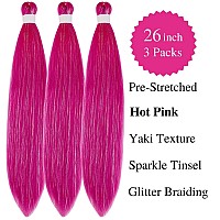 Gozill Hot Pink Braiding Hair Pre Stretched Sparkle Tinsel Prestretched Braiding Hair Ez Braid Kids Braiding Hair 26 Inch