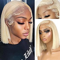 613 Lace Front Bob Wig Blonde Human Hair 16 Inch 13X6 Hd Transparent Lace Front 180 Density Blonde Glueless Wigs Deep Part 613