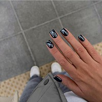 Black Chrome Square Press On Nails Short Kqueenest Mirror Metal False Acrylic Nails Press Ons Metallic Fake Nails For Girls Natu