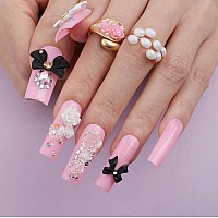 Mqpq Handmade Cute Flower Nails Pink Square Press On Nails Kawaii Long Fake Nails 24Pcs Glossy Full Cover Pretty False Nails For