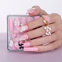 Mqpq Handmade Cute Flower Nails Pink Square Press On Nails Kawaii Long Fake Nails 24Pcs Glossy Full Cover Pretty False Nails For