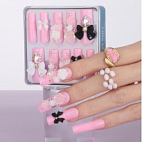 Mqpq Handmade Cute Flower Nails Pink Square Press On Nails Kawaii Long Fake Nails 24Pcs Glossy Full Cover Pretty False Nails For