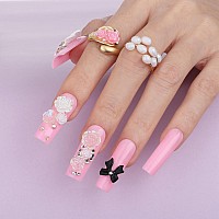 Mqpq Handmade Cute Flower Nails Pink Square Press On Nails Kawaii Long Fake Nails 24Pcs Glossy Full Cover Pretty False Nails For