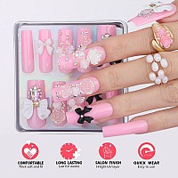 Mqpq Handmade Cute Flower Nails Pink Square Press On Nails Kawaii Long Fake Nails 24Pcs Glossy Full Cover Pretty False Nails For