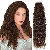 Hetto Curly Tape In Extensions Brown Human Hair Tape In Hair Extensions Wavy Tape In Human Hair Extensions Dark Brown 20 Inch