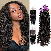 Fdx 10A Deep Wave Bundles With Closure Human Hair 12 14 1610 Inch Wet And Wavy Bundles With Closure Unprocessed Brazilian Virgi