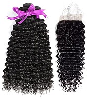 Fdx 10A Deep Wave Bundles With Closure Human Hair 12 14 1610 Inch Wet And Wavy Bundles With Closure Unprocessed Brazilian Virgi