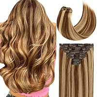 Lacer 14 Inch Natural Human Hair Clip In Extensions Color P412 Chocolate Brown Lowlight Light Golden Brown Mixed With Soft Sil