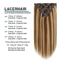 Lacer 14 Inch Natural Human Hair Clip In Extensions Color P412 Chocolate Brown Lowlight Light Golden Brown Mixed With Soft Sil