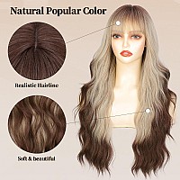 Lativ Ombre Blonde Brown Wig With Bangs Long Wavy Curly Wig With Brown End Heat Resistant Fiber Wig For Women Daily Use 26 Inche