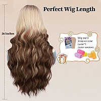 Lativ Ombre Blonde Brown Wig With Bangs Long Wavy Curly Wig With Brown End Heat Resistant Fiber Wig For Women Daily Use 26 Inche