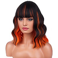 Beron 14 Inches Black Orange Wigs With Bangs Short Orange Bob Wigs Halloween Wigs For Women Loose Wavy Wig For Women Girls