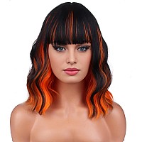 Beron 14 Inches Black Orange Wigs With Bangs Short Orange Bob Wigs Halloween Wigs For Women Loose Wavy Wig For Women Girls