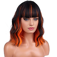 Beron 14 Inches Black Orange Wigs With Bangs Short Orange Bob Wigs Halloween Wigs For Women Loose Wavy Wig For Women Girls