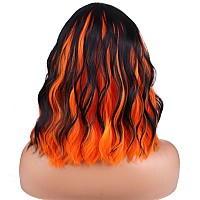 Beron 14 Inches Black Orange Wigs With Bangs Short Orange Bob Wigs Halloween Wigs For Women Loose Wavy Wig For Women Girls