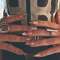 Press On Nails Medium Almond Mabkjlf French Tip Fake Nails Nude Full Cover White Gold Nail Tip False Nails With Star Designs Rhi