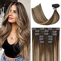 Ugotrays Balayage Ombre Medium Brown Fading To Honey Blonde Clip In Hair Extensions Real Human Hair 14Inch 120G 100 Human Hair