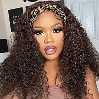 Celiarita Deep Wave Headband Wig Human Hair Chocolate Brown Machine Made None Lace Front Wigs 4 Colored Brazilian Virgin Deep C