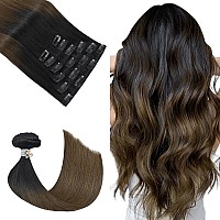 Honsoo 120G Clip In Real Human Hair Extensions Natural Black To Medium Brown 16In 7Pcs Soft Straight Natural Hair Extensions For