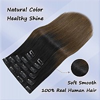 Honsoo 120G Clip In Real Human Hair Extensions Natural Black To Medium Brown 16In 7Pcs Soft Straight Natural Hair Extensions For