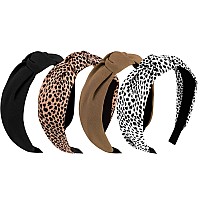 Yission 4Pcs Knotted Headbands For Women Girls Non Slip Leopard Head Bands Top Knot Headband For Women Black White Brown Headban