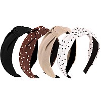 Yission 4Pcs Knotted Headbands For Women Girls Non Slip Polka Dot Head Bands Top Knot Headband For Women Black White Brown Khaki