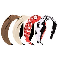 Yission 4Pcs Knotted Headbands For Women Girls Non Slip Bandana Head Bands Top Knot Headband For Women Red White Brown Khaki Hea