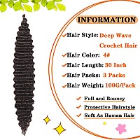 Paraglame Long Curly Crochet Hair 30 Inch Deep Wave Braiding Hair For Women 3 Packs Ocean Wave Crochet Hair Dark Brown Color Wet