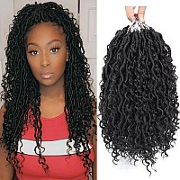 6Packs New Goddess Locs Crochet Hair 14 Inch Prelooped Wavy Faux Locs Crochet With Curly Hair In Middle And Ends Color 1B Synth