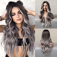 Haoland Long Gray Wig For Women 26 Inch Ombre Gray With Dark Roots Wavy Wig Middle Part Synthetic Wig For Date Daily Use