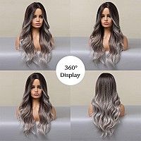 Haoland Long Gray Wig For Women 26 Inch Ombre Gray With Dark Roots Wavy Wig Middle Part Synthetic Wig For Date Daily Use