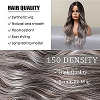 Haoland Long Gray Wig For Women 26 Inch Ombre Gray With Dark Roots Wavy Wig Middle Part Synthetic Wig For Date Daily Use