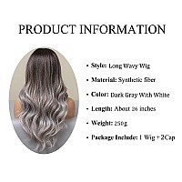 Haoland Long Gray Wig For Women 26 Inch Ombre Gray With Dark Roots Wavy Wig Middle Part Synthetic Wig For Date Daily Use