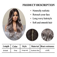 Haoland Long Gray Wig For Women 26 Inch Ombre Gray With Dark Roots Wavy Wig Middle Part Synthetic Wig For Date Daily Use