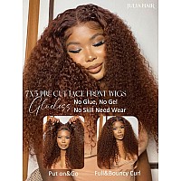 Julia Hair Bye Bye Knots 7X5 Glueless Wigs Pre Cut Lace Front Curly Human Hair Reddish Brown Deep Curly Invisible Knots Pre Ever