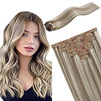 Fubili Hair Extensions Clip Real Human Hair Ash Brown Highlights Platinum Blonde Remy Clip In Hair Extensions Lace Weft Clip In