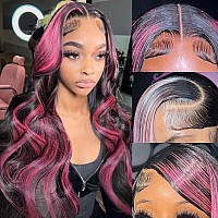 Keabalo Ombre Lace Front Wig Human Hair Skunk Stripe Human Hair Wigs 13X4 Hd Lace Frontal Body Wave Highlight Pink Human Hair Wi