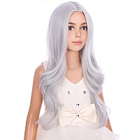 Pattnium Silver Gray Wig For Kids Girls Long Curly Wavy Gray Wig Child Middle Part Synthetic Wig With Wig Cap